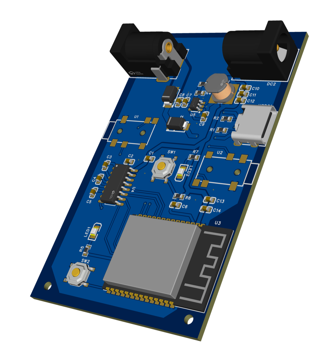 The Jumpwire circuit board, with two barrel power jacks, a USB-C port, two 3.5mm jacks and a wireless module.